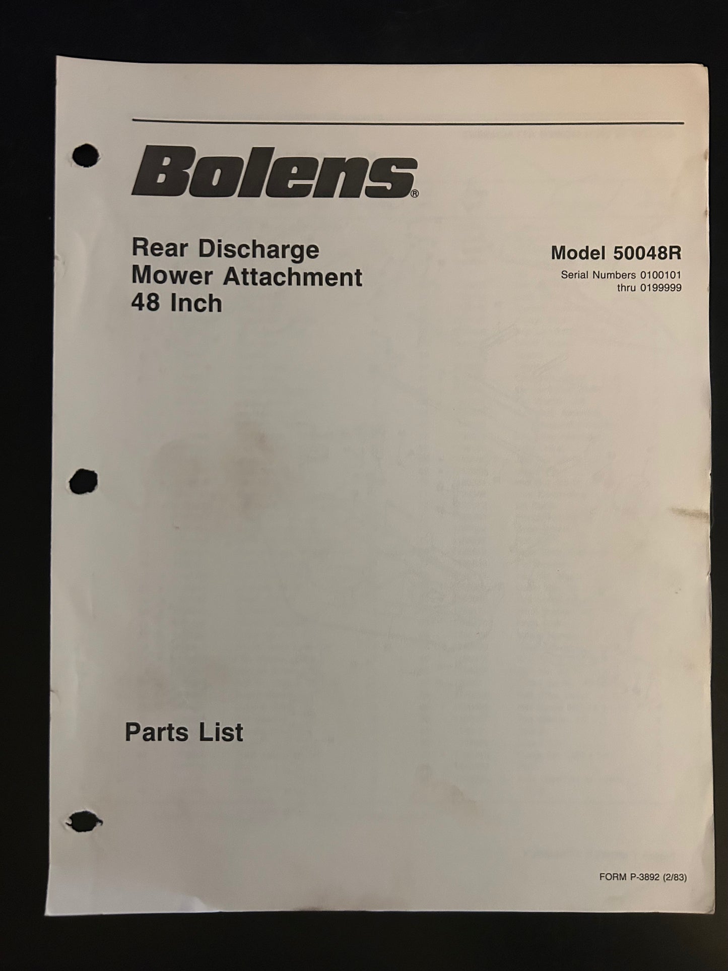 Bolens _ Rear Discharge Mower Attachment 48” model 50048R _ Parts List