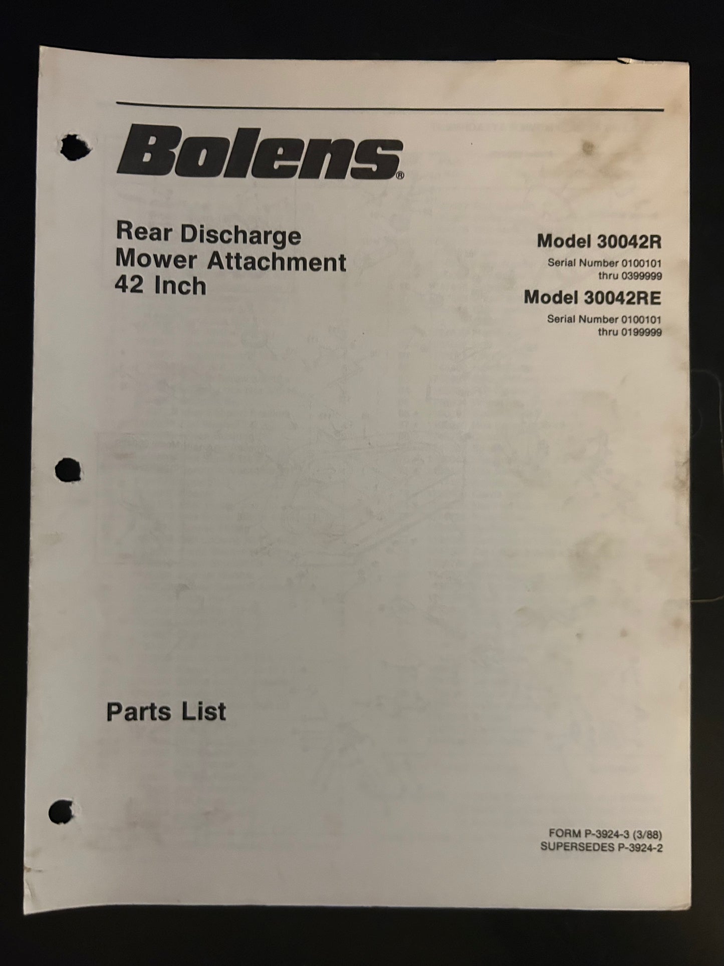 Bolens _ Rear Discharge Mower Attachment 42” model 30042R & 30042RE _ Parts List