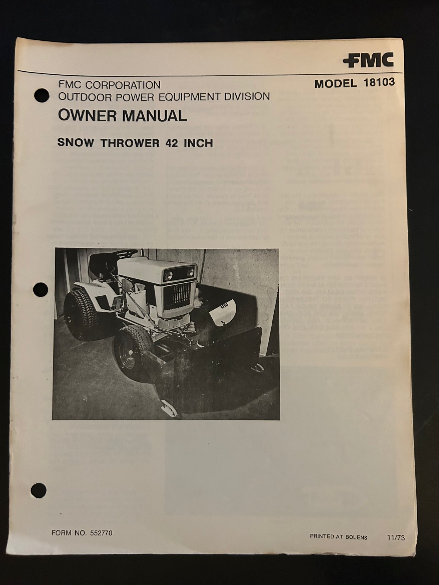 Bolens _ Snow Thrower Attachment 42” model 18103 _ Owner Manual