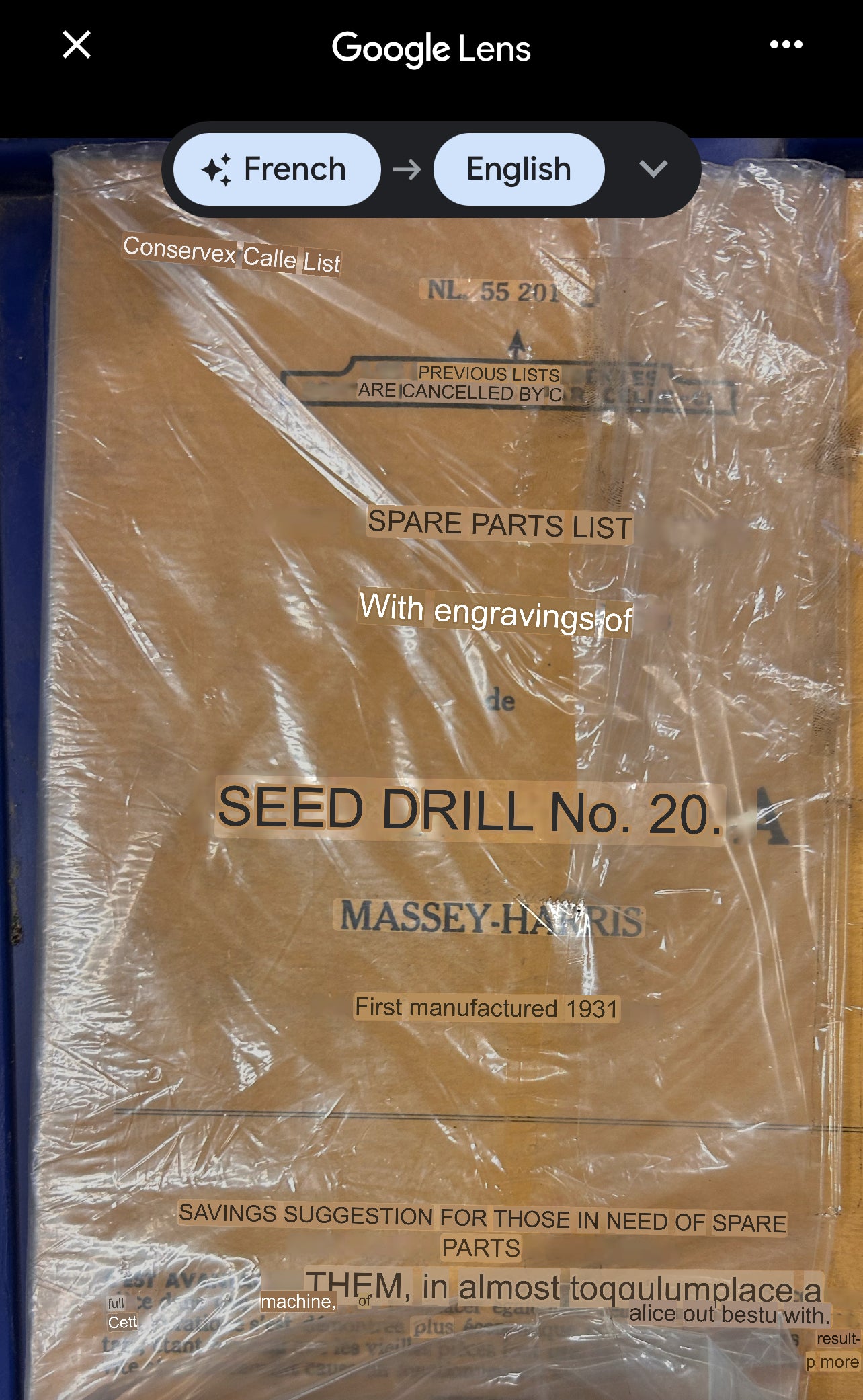 Massey Harris _ French Edition Seed Drill no 20A _ Parts List