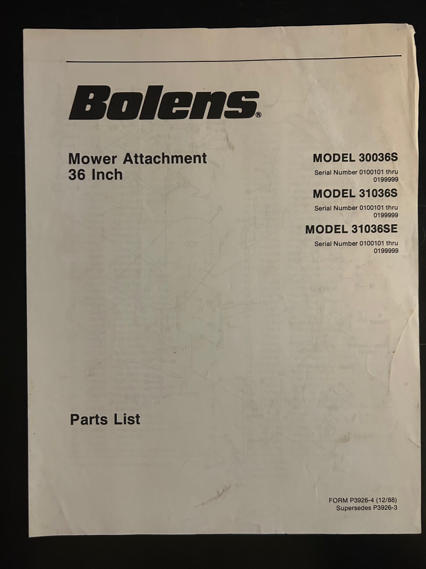 Bolens _ Mower Attachment 36” model 30036S, 31036S & 31036SE _ Parts List