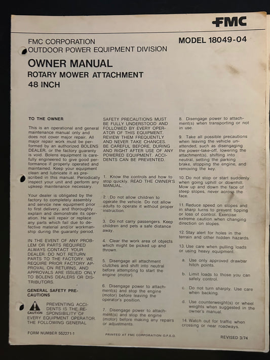 Bolens _ Rotary Mower Attachment 48” model 18049-04 _ Owner Manual