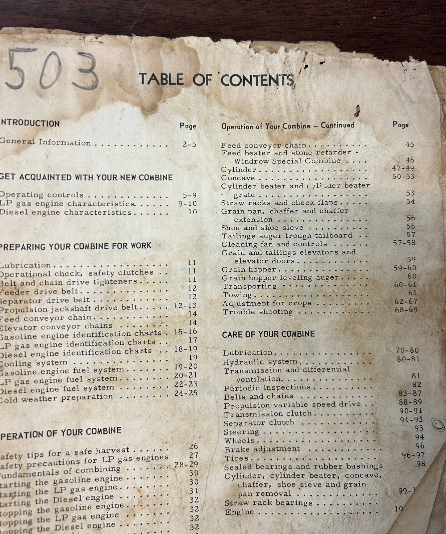 Operation of your combine 503