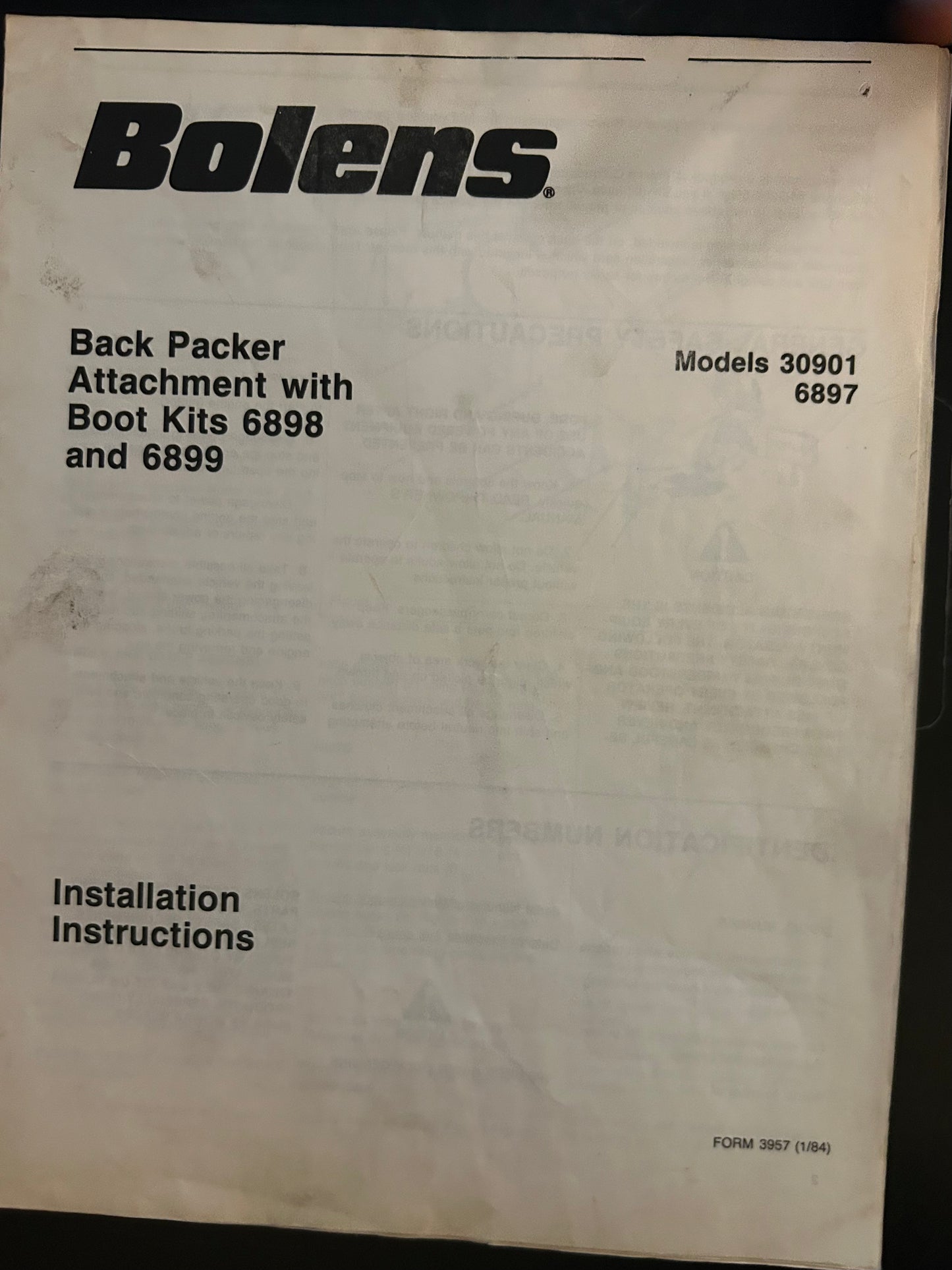 Bolens _ Back Packer Attachment w/Boot Kits model 30901 & 6897 _ Installation Instructions