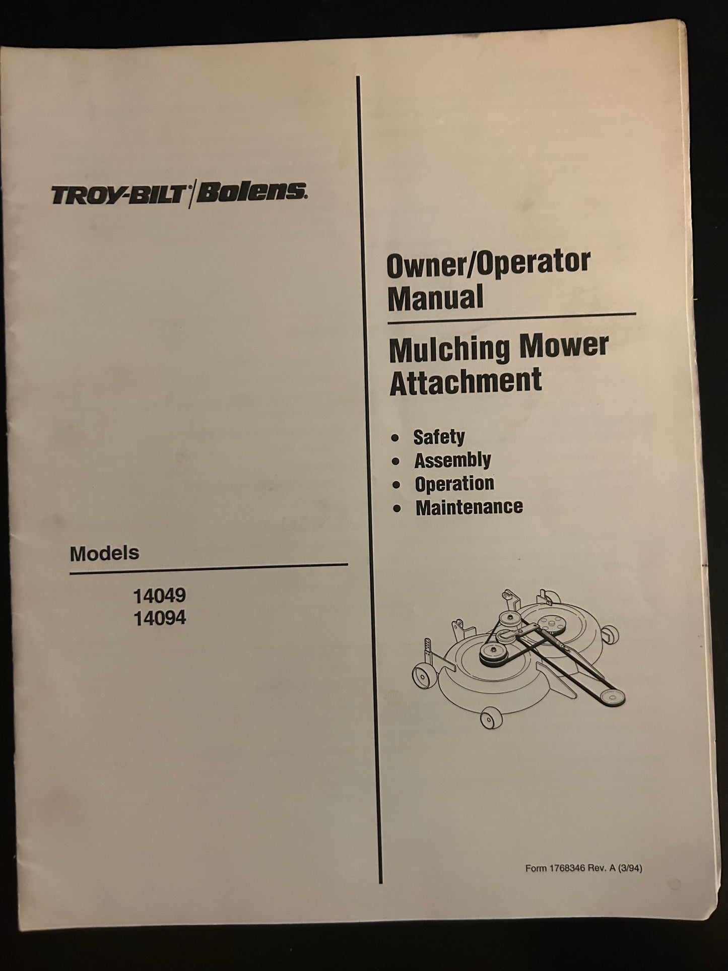 Bolens / Troy-Bilt _ Mulching Mower Attachment model 14049 & 14094 _ Owner/Operator Manual