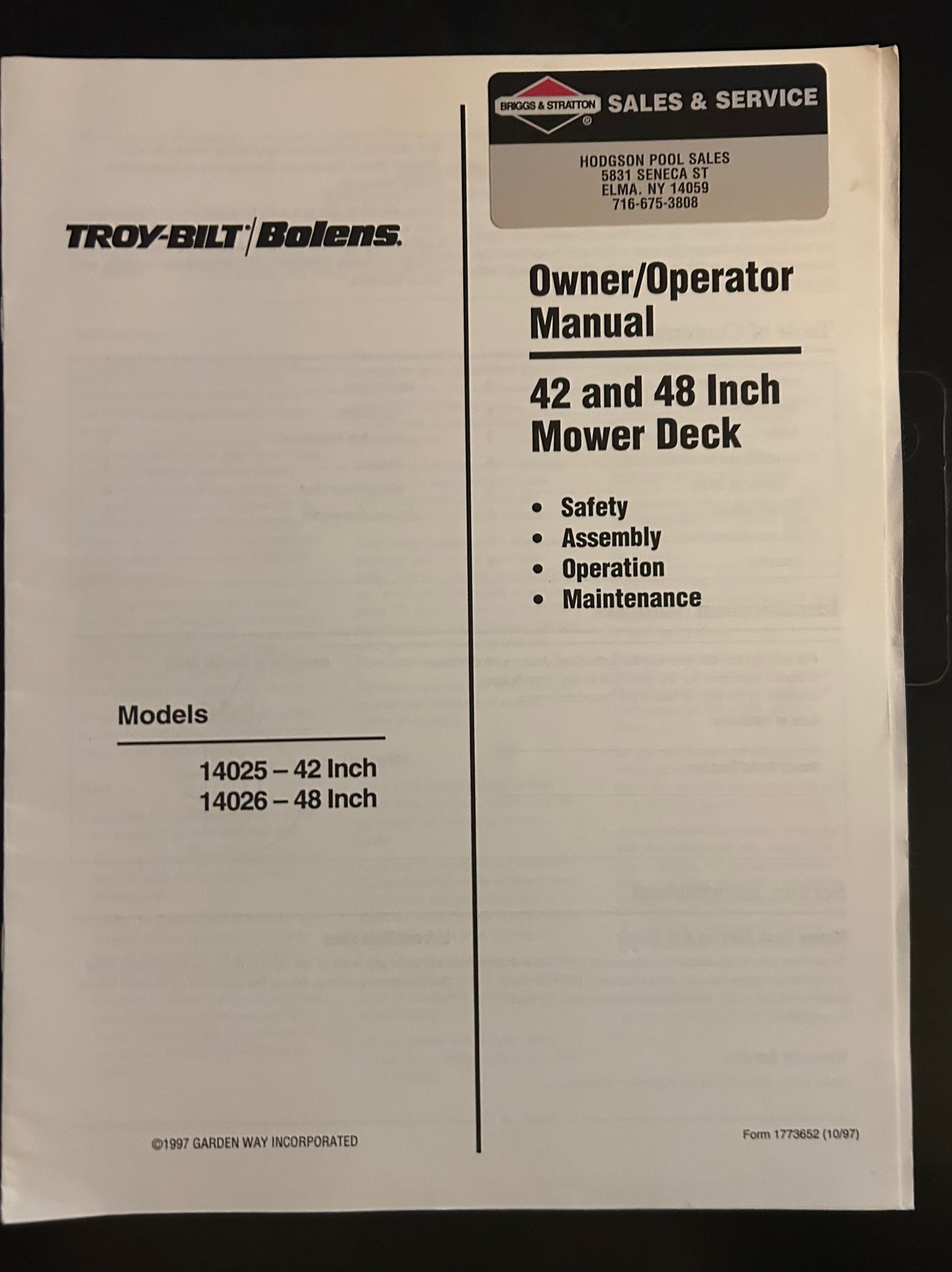Bolens / Troy-Bilt _ 42” & 48” Mower Deck model 14025 & 14026 _ Owner/Operator Manual