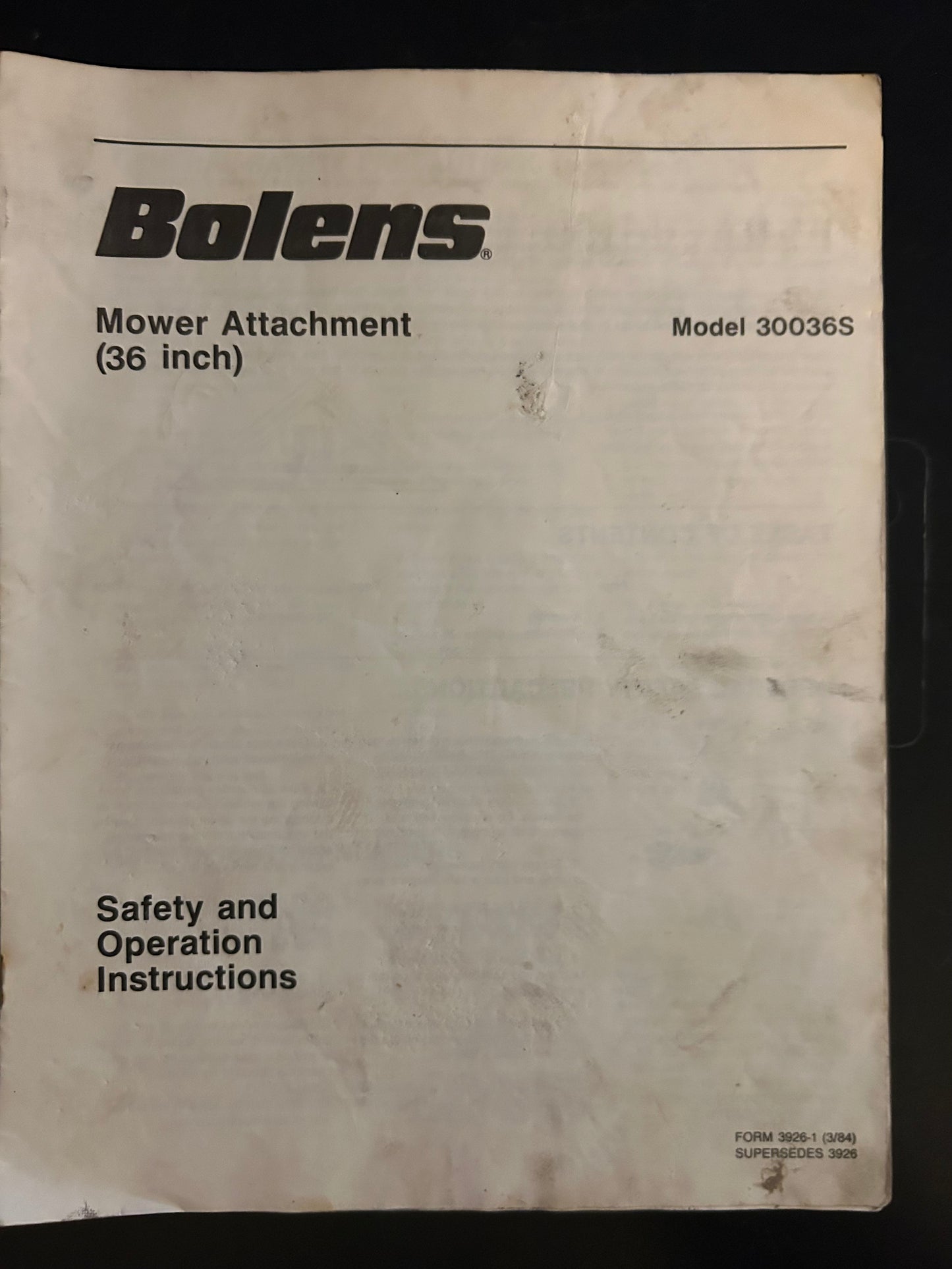 Bolens _ Mower Attachment 36” model 30036S _ Safety & Operation Instructions