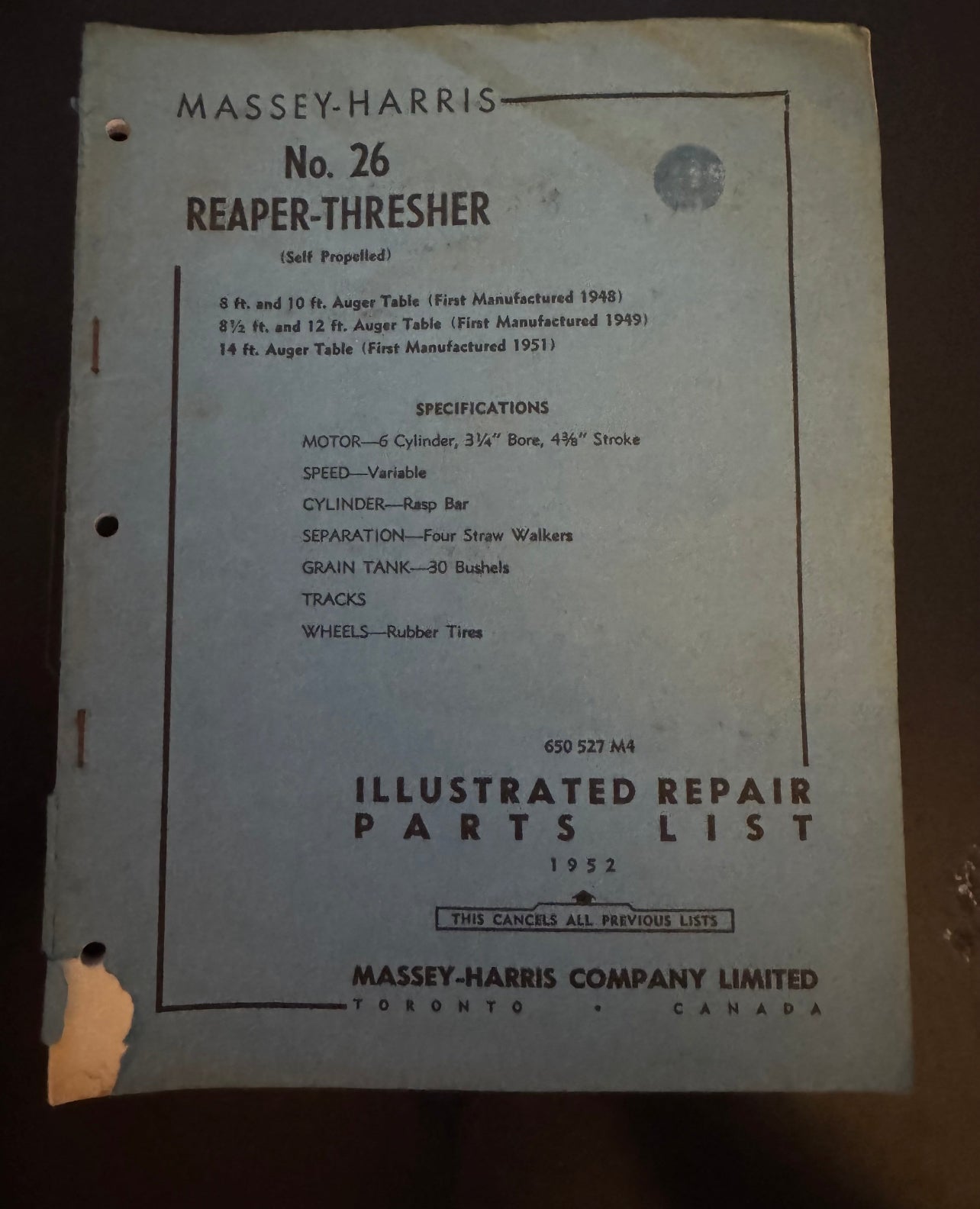 Massey-Harris No. 26 Reaper-Thresher _ Illustrated Repair Parts List