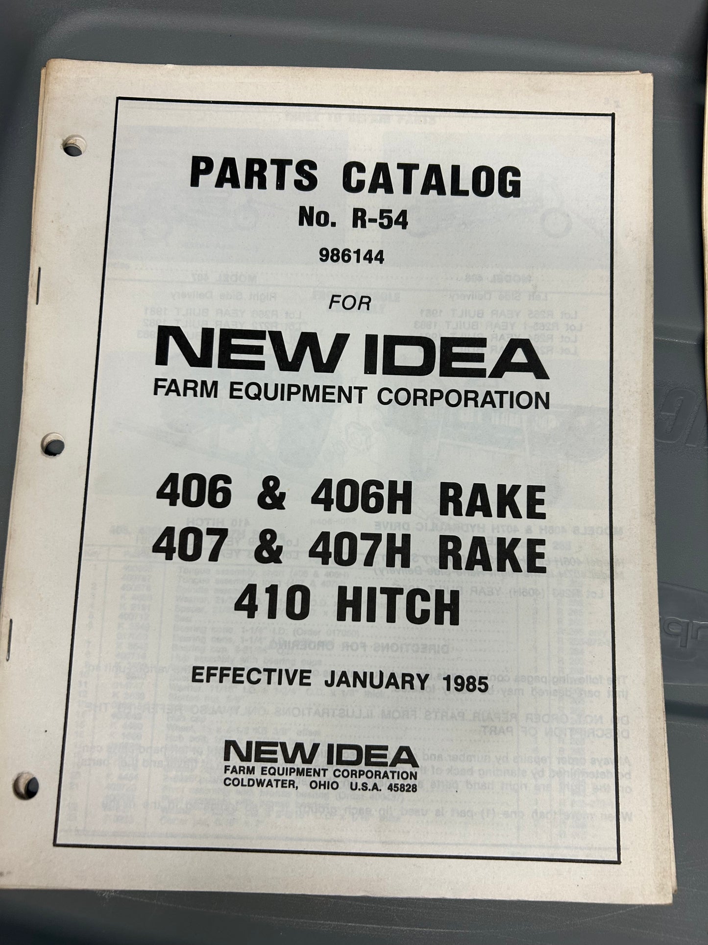 New Idea _ models 406, 406H, 407 & 407H Side Delivery Rake and 420 Hitch R-54 _ Parts Catalog