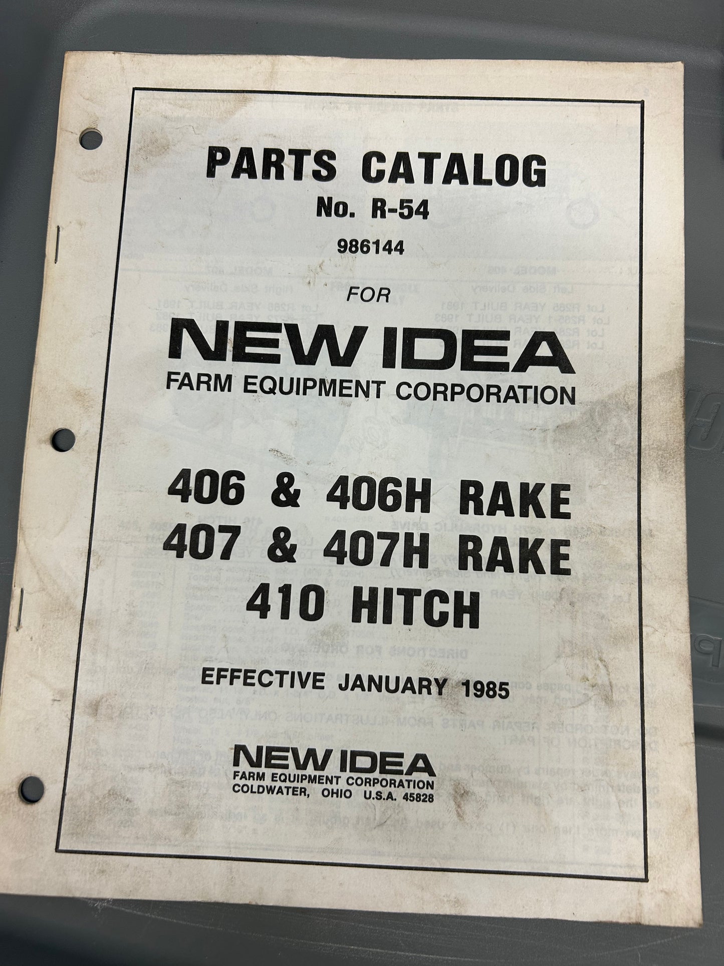 New Idea _ models 406, 406H, 407 & 407H Side Delivery Rake and 420 Hitch R-54 _ Parts Catalog