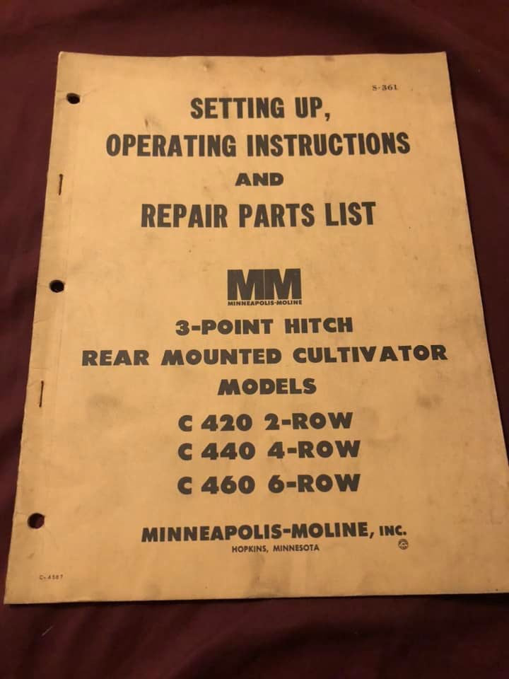 Minneapolis Moline - 3 Point Hitch Rear Mounted Cultivator - Setting Up, Operating Instructions & Repair Parts List