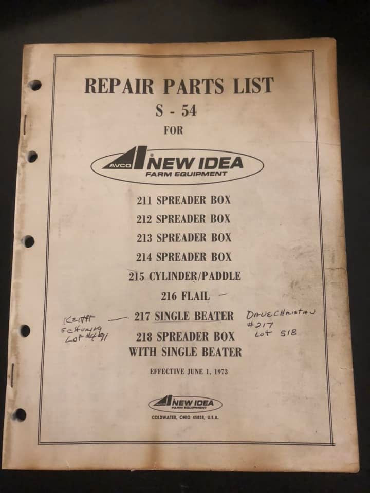 New Idea _ 211, 212, 213, 214 & 218 Spreader Box, 215 Cylinder/Paddle, 216 Flair & 217 Single Beater S-54 _ Repair Parts List