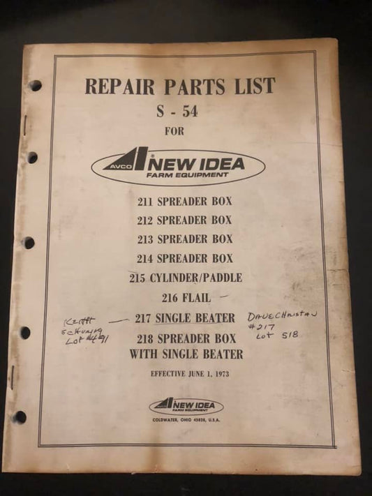 New Idea _ 211, 212, 213, 214 & 218 Spreader Box, 215 Cylinder/Paddle, 216 Flair & 217 Single Beater S-54 _ Repair Parts List