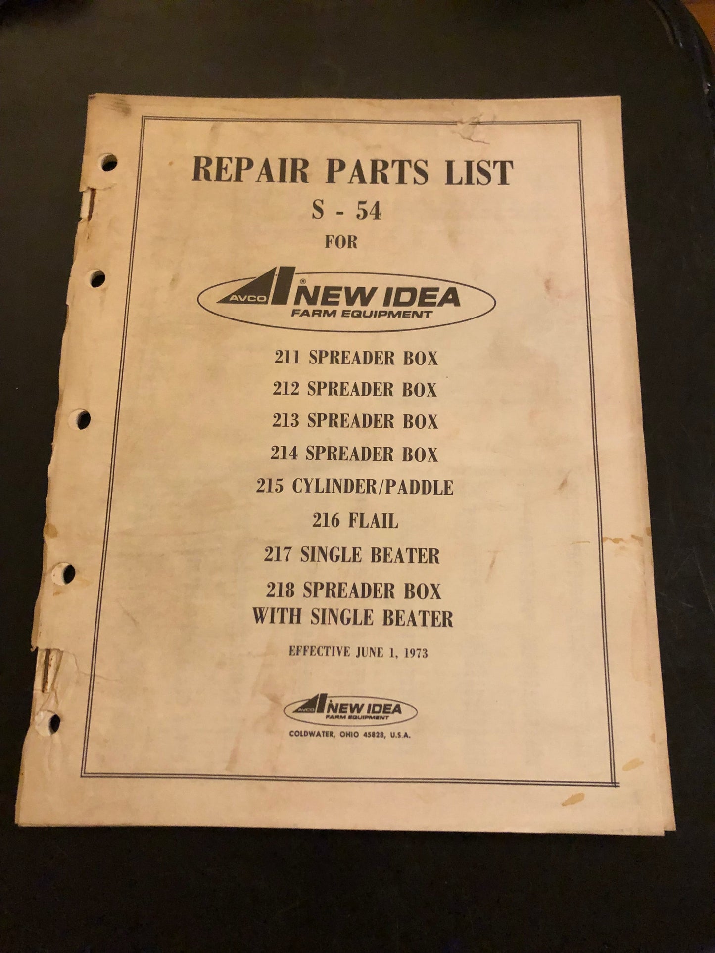 New Idea _ 211, 212, 213, 214 & 218 Spreader Box, 215 Cylinder/Paddle, 216 Flair & 217 Single Beater S-54 _ Repair Parts List