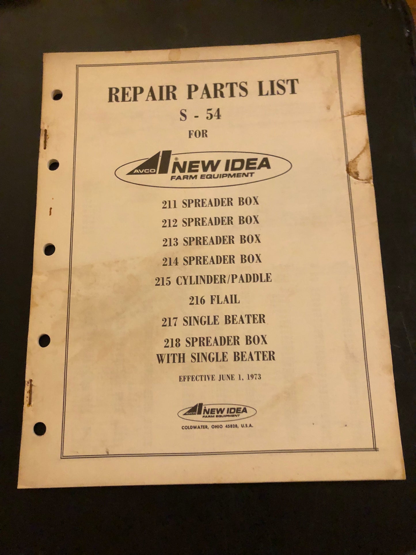 New Idea _ 211, 212, 213, 214 & 218 Spreader Box, 215 Cylinder/Paddle, 216 Flair & 217 Single Beater S-54 _ Repair Parts List