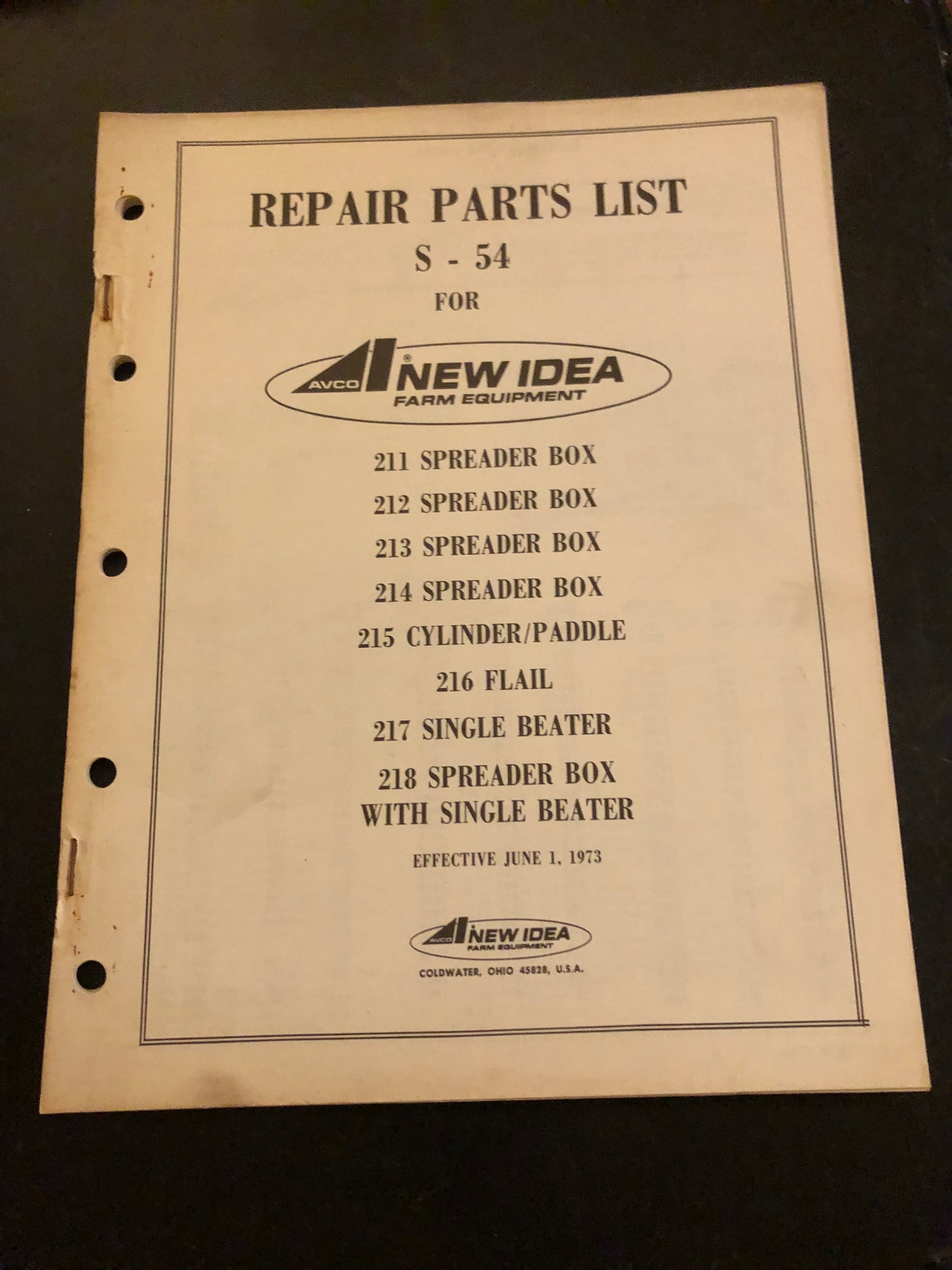 New Idea _ 211, 212, 213, 214 & 218 Spreader Box, 215 Cylinder/Paddle, 216 Flair & 217 Single Beater S-54 _ Repair Parts List