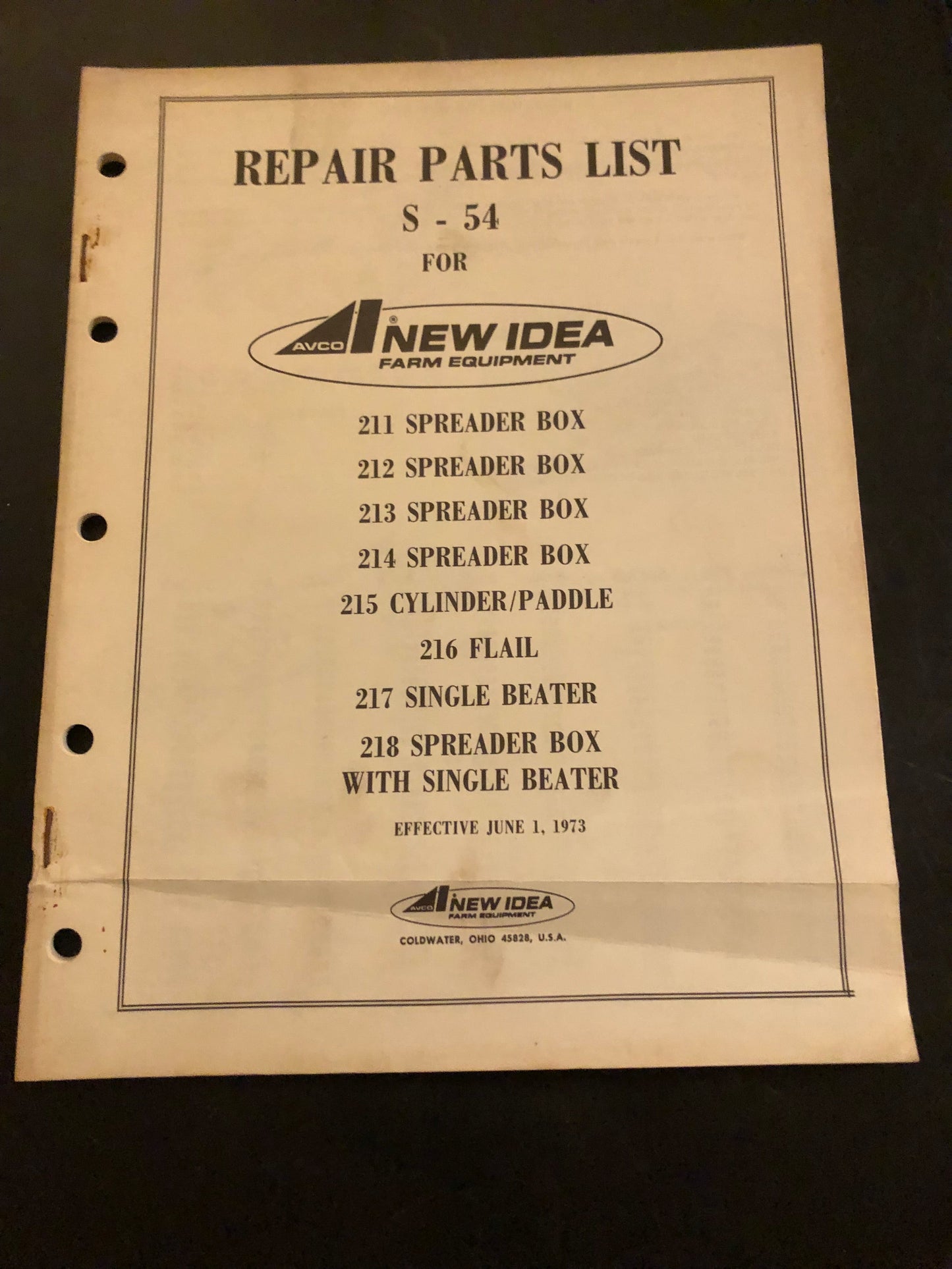 New Idea _ 211, 212, 213, 214 & 218 Spreader Box, 215 Cylinder/Paddle, 216 Flair & 217 Single Beater S-54 _ Repair Parts List