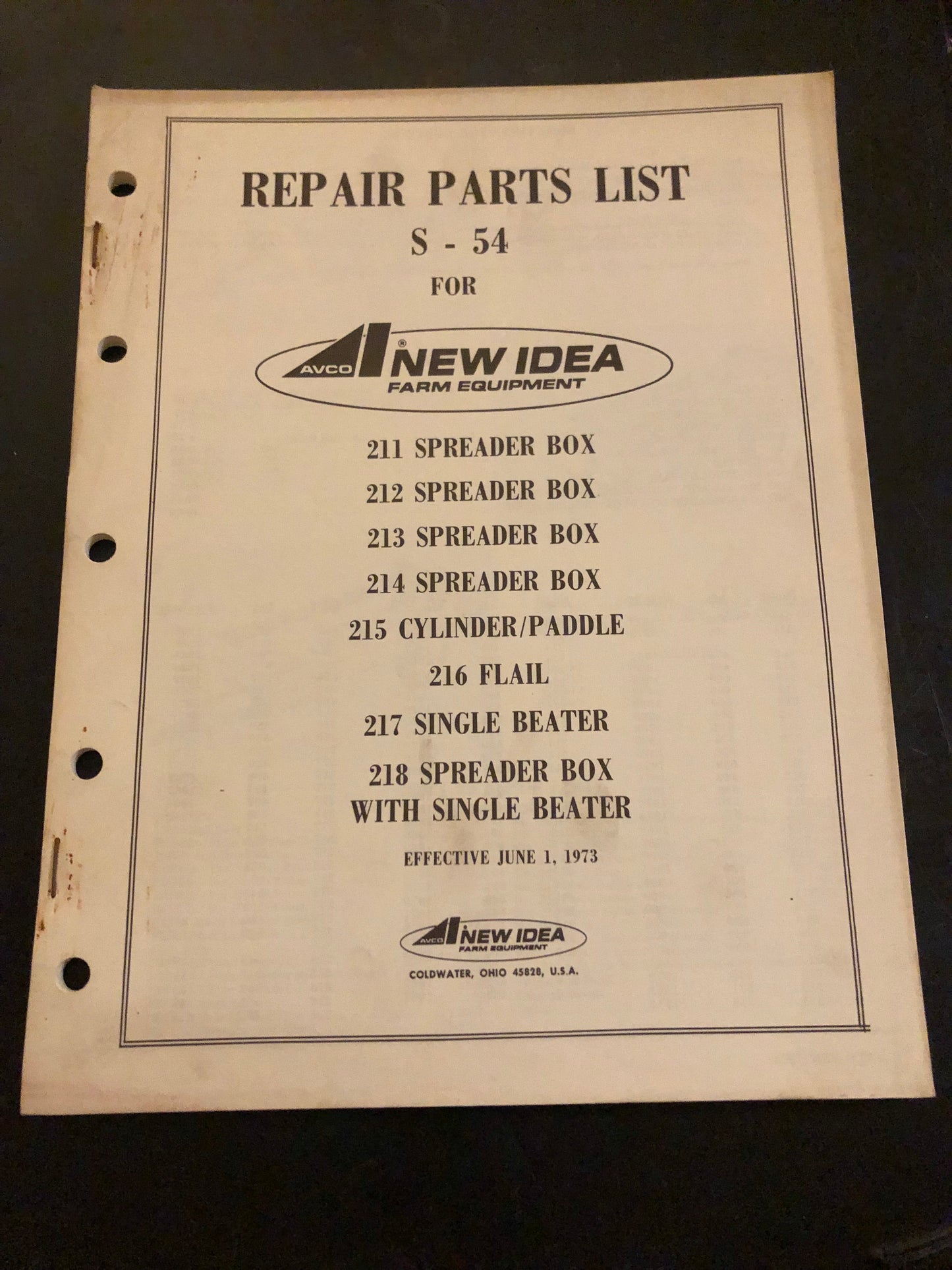 New Idea _ 211, 212, 213, 214 & 218 Spreader Box, 215 Cylinder/Paddle, 216 Flair & 217 Single Beater S-54 _ Repair Parts List