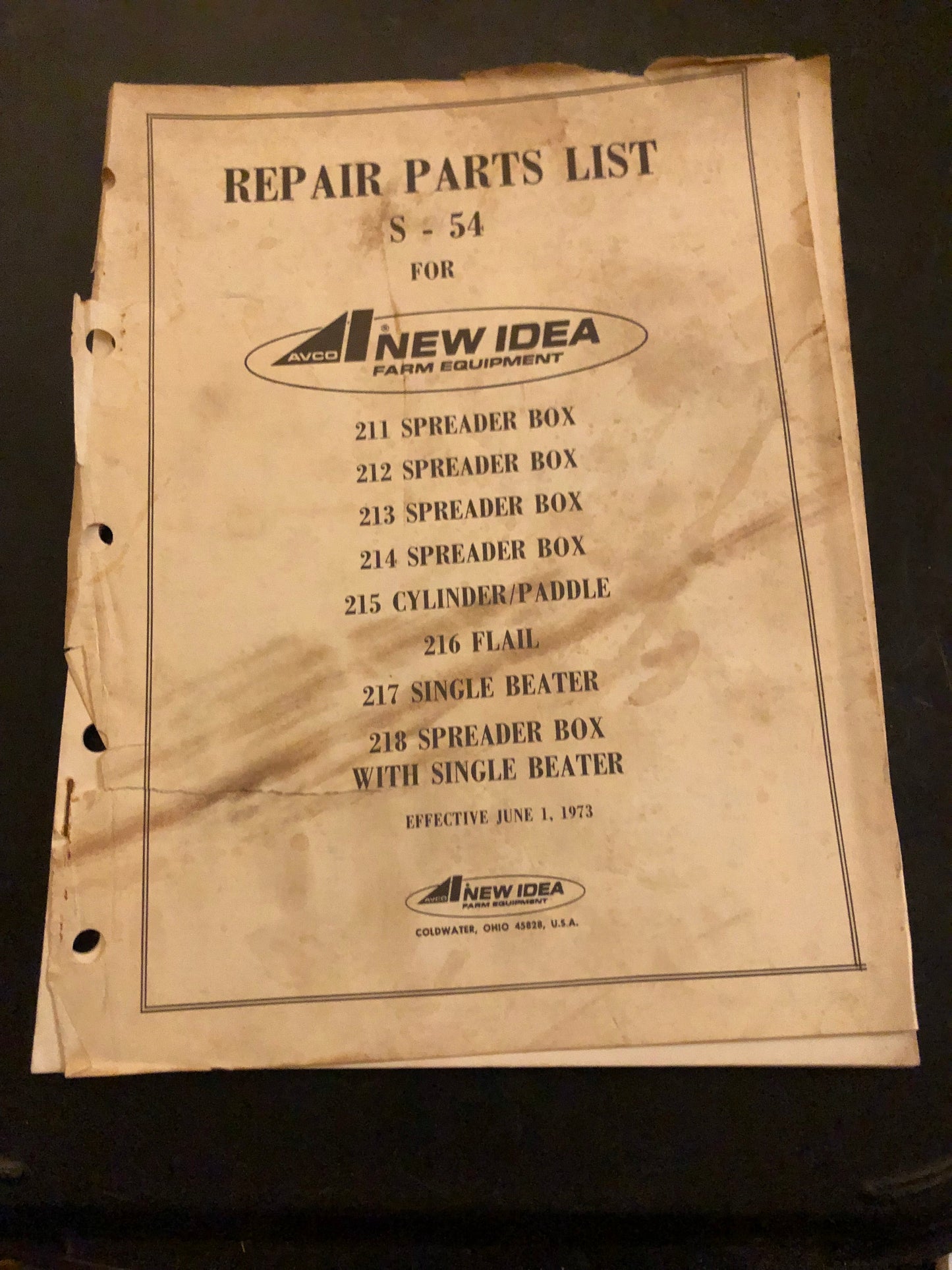 New Idea _ 211, 212, 213, 214 & 218 Spreader Box, 215 Cylinder/Paddle, 216 Flair & 217 Single Beater S-54 _ Repair Parts List