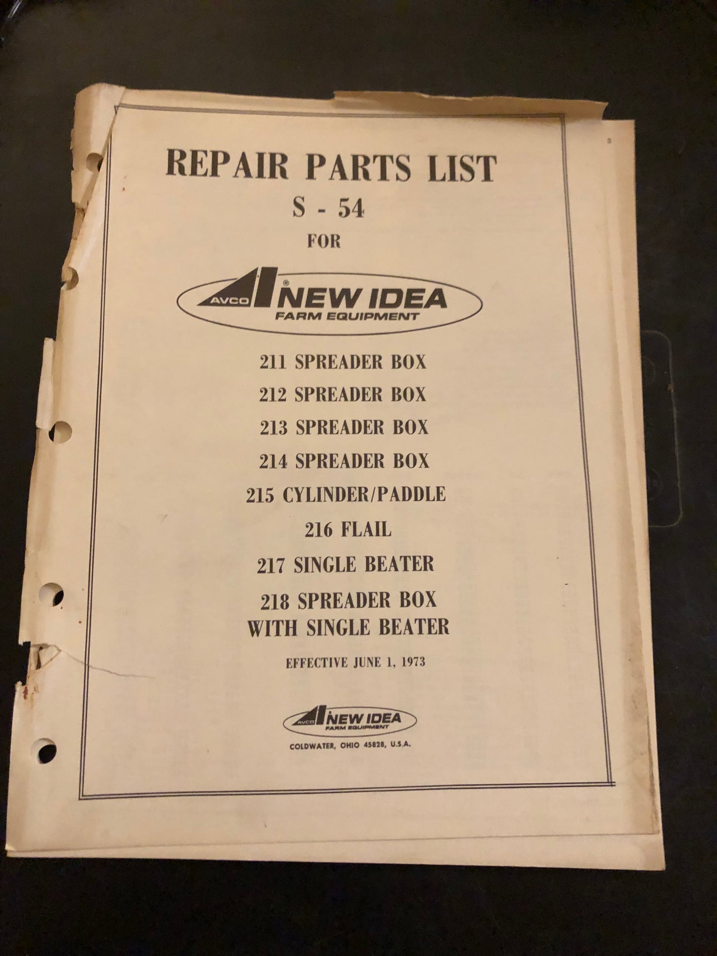 New Idea _ 211, 212, 213, 214 & 218 Spreader Box, 215 Cylinder/Paddle, 216 Flair & 217 Single Beater S-54 _ Repair Parts List