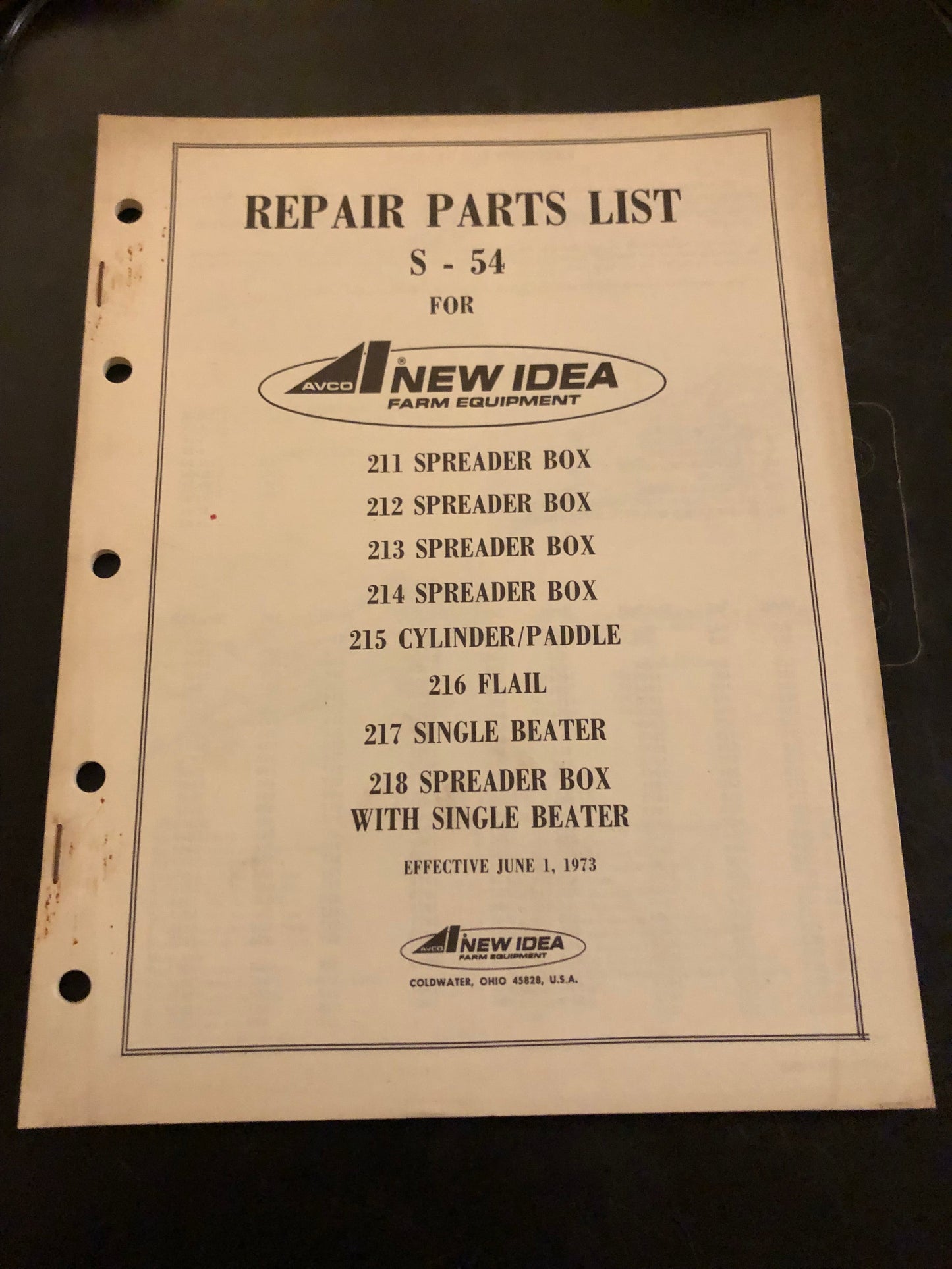 New Idea _ 211, 212, 213, 214 & 218 Spreader Box, 215 Cylinder/Paddle, 216 Flair & 217 Single Beater S-54 _ Repair Parts List