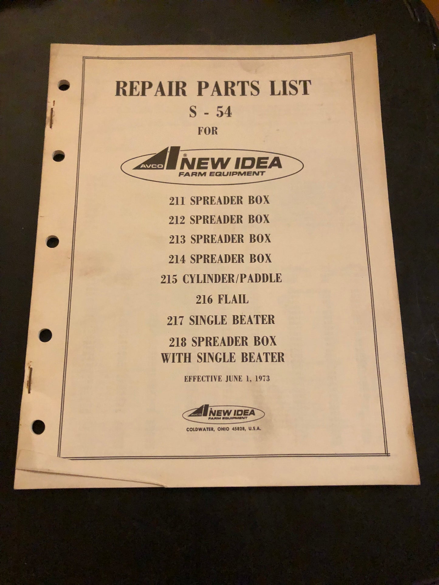 New Idea _ 211, 212, 213, 214 & 218 Spreader Box, 215 Cylinder/Paddle, 216 Flair & 217 Single Beater S-54 _ Repair Parts List