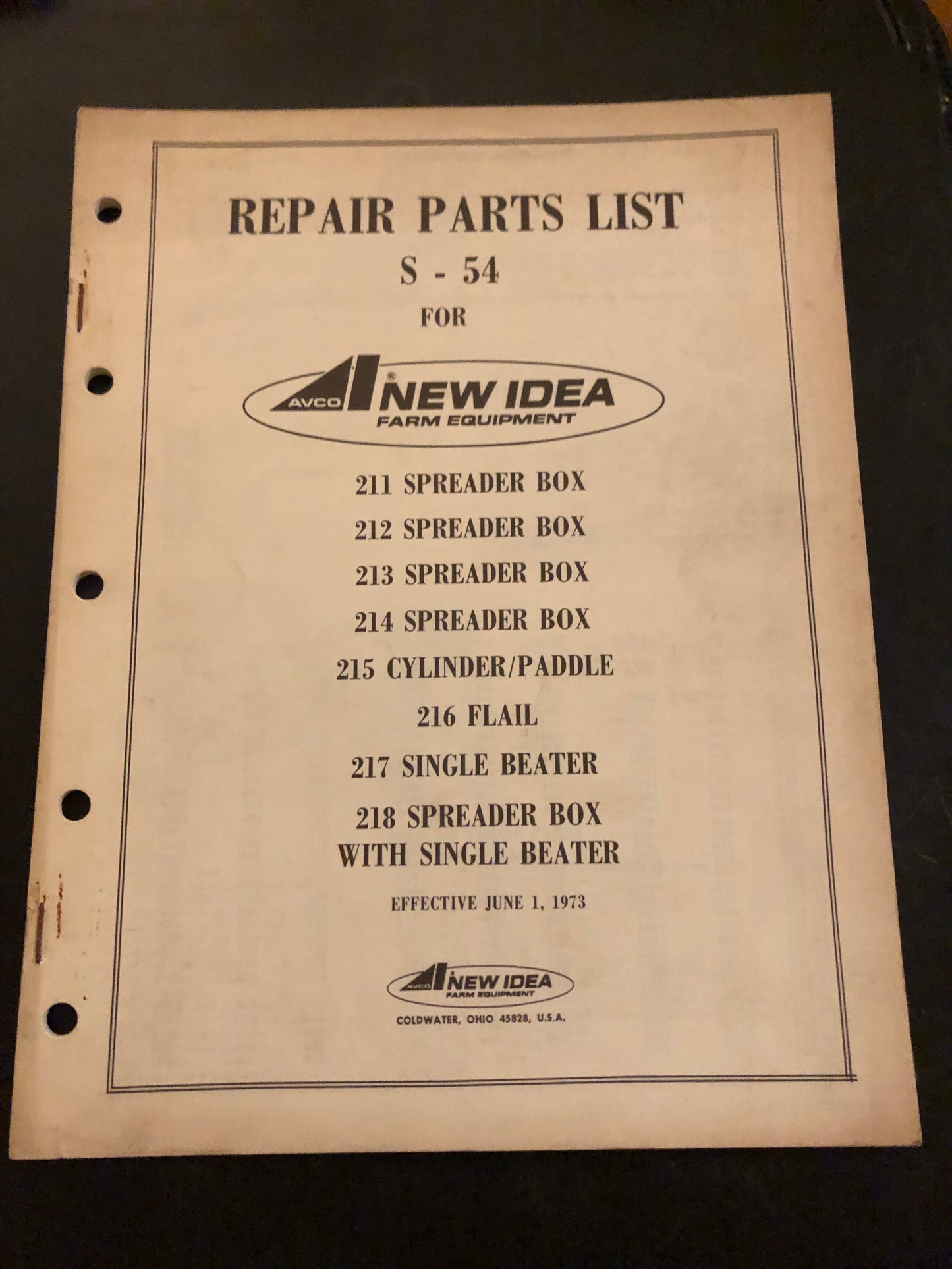 New Idea _ 211, 212, 213, 214 & 218 Spreader Box, 215 Cylinder/Paddle, 216 Flair & 217 Single Beater S-54 _ Repair Parts List