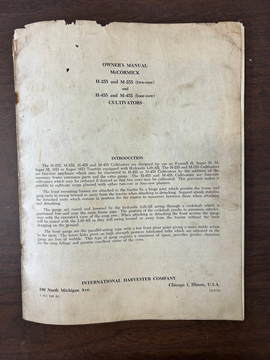 McCormick _ H-255, M-255, H455 & M-455 Cultivators _ Owner’s Manual