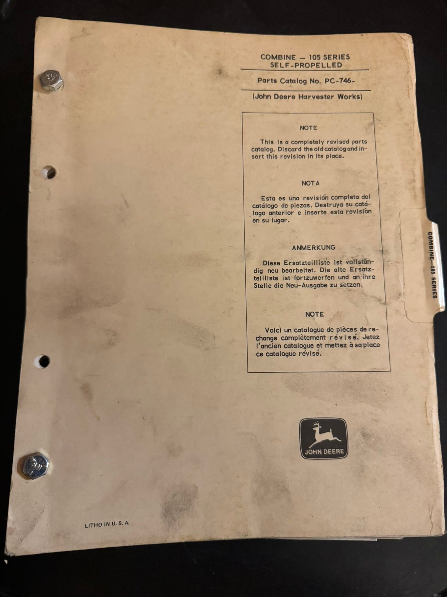 John Deere _ Combine - 105 Series Self Propelled _ Parts Catalog PC-746