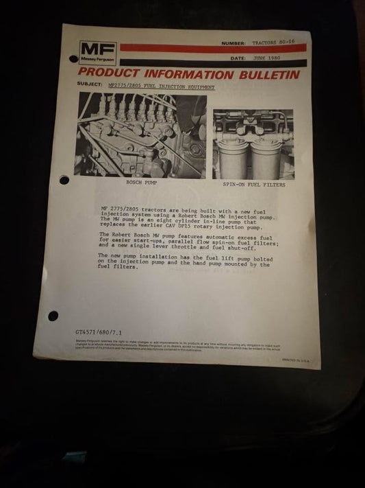 Massey Ferguson _ MF 2775/2805 Fuel Injection Equipment June 1980 _ Product Info Bulletin