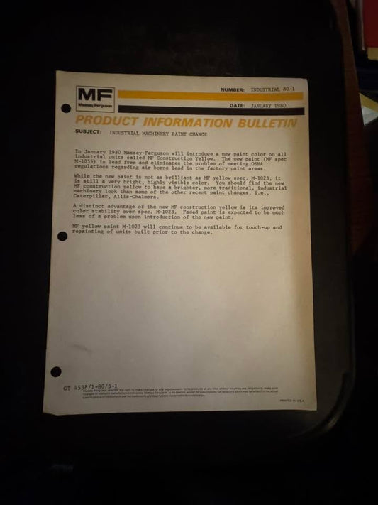 Massey Ferguson _ Industrial Machinery Paint Change January 1980 _ Product Info Bulletin