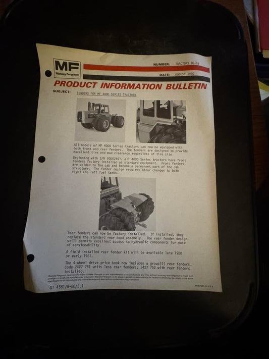 Massey Ferguson _ Fenders for MF 4000 Series Tractors August 1980 _ Product Info Bulletin