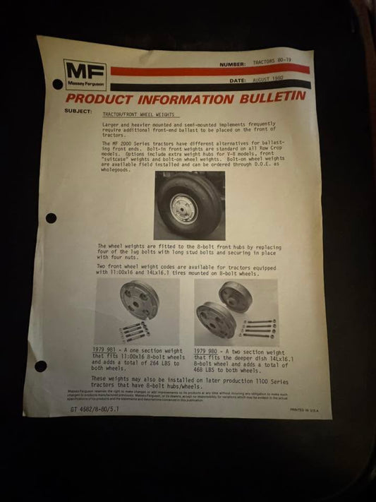 Massey Ferguson _ Front Wheel Weights August 1980 _ Product Info Bulletin