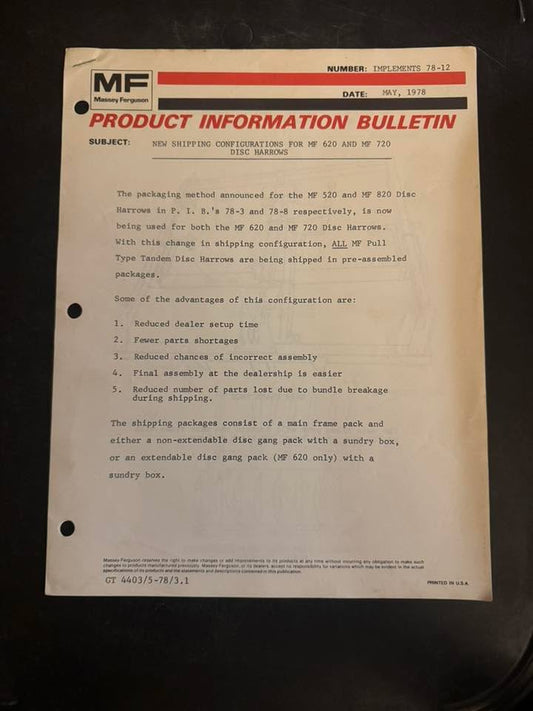Massey Ferguson _ shipping Config for MF 620 & 720 Disc Harrows _ Product Info Bulletin