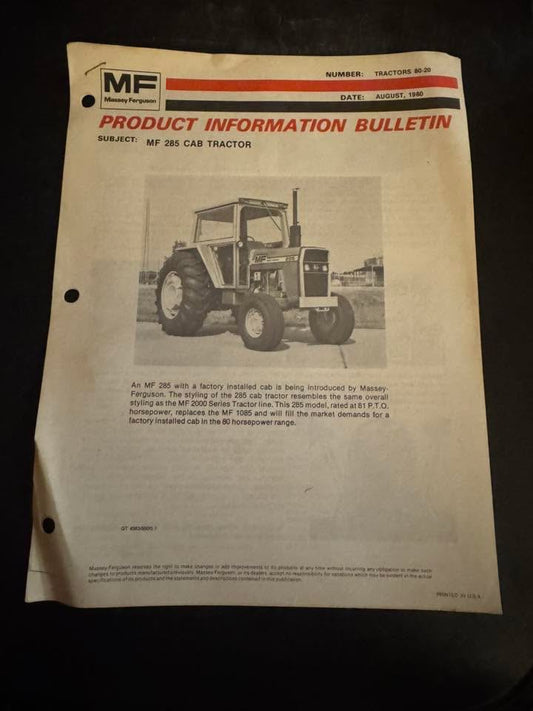 Massey Ferguson _ MF 285 Cab Tractor August 1980 _ Product Info Bulletin