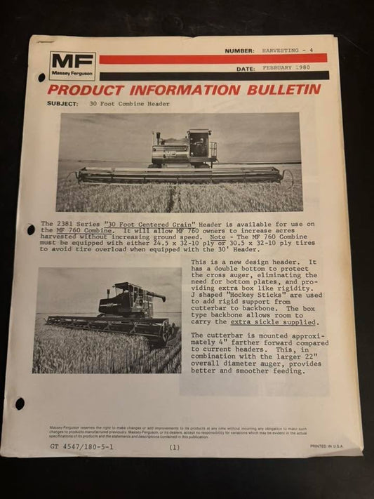 Massey Ferguson _ 30’ Combine Header February 1980 _ Product Info Bulletin