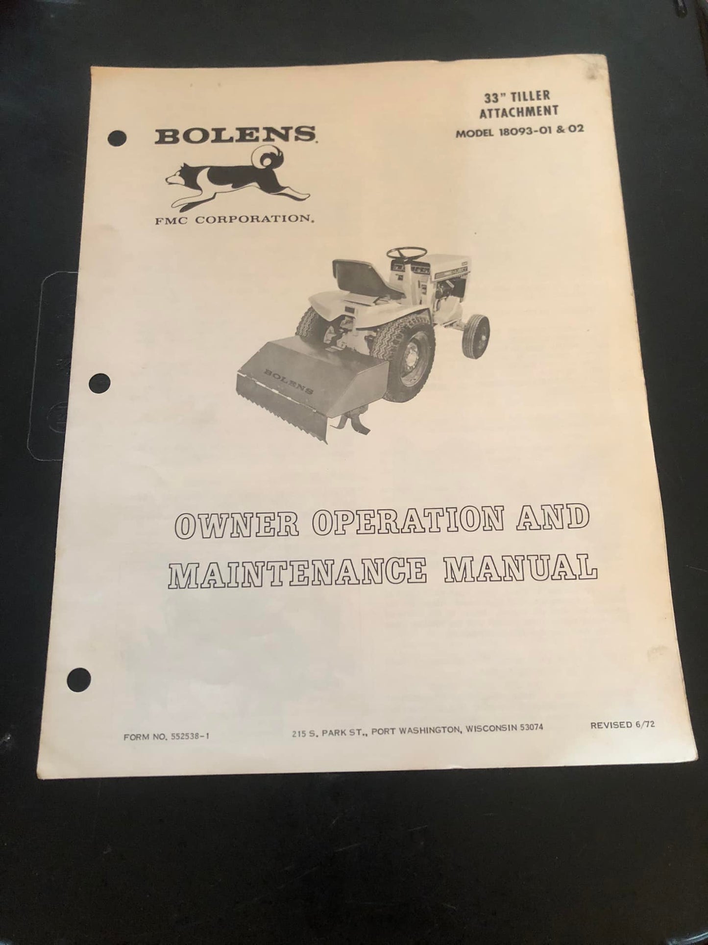 Bolens _ 33” Tiller Attachment model 18093-01 & 02 _ Owner Operation & Maintenance Manual