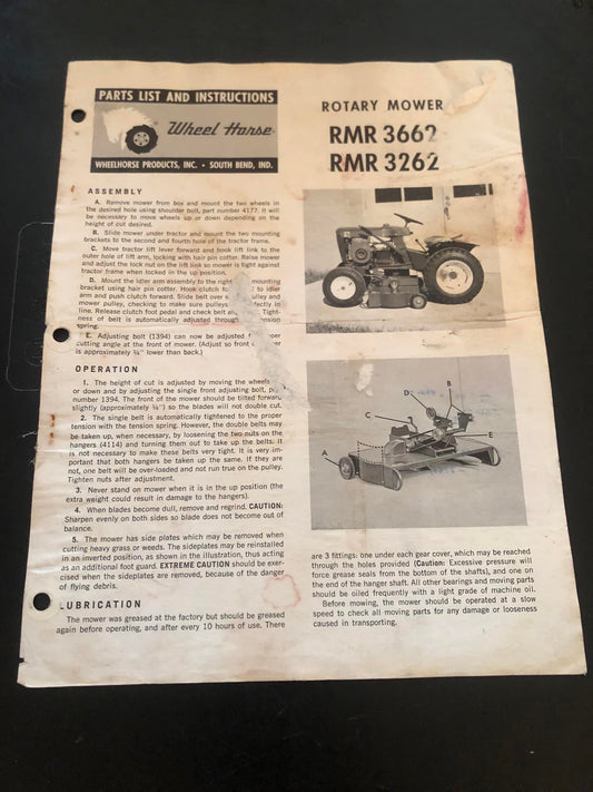 Wheel Horse _ Rotary Mower RMR 3662 & 3262 _ Parts List & Instructions