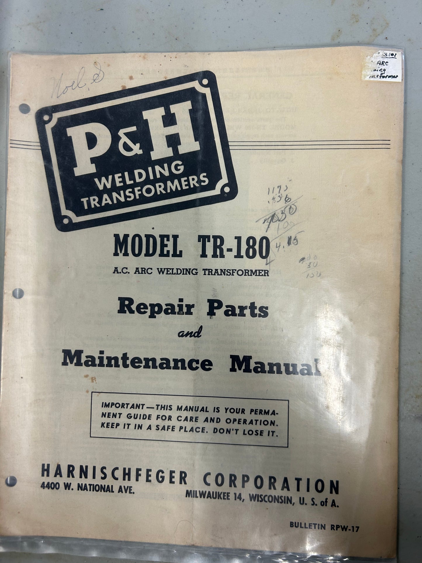 P & H _ AC Arc Welding Transformer model TR-180 _ Repair Parts & Manual