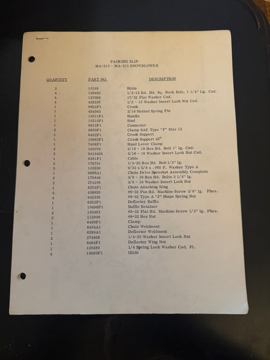 Gravely - Packing Slip _ MA-210 & MA-211 Snow Blower