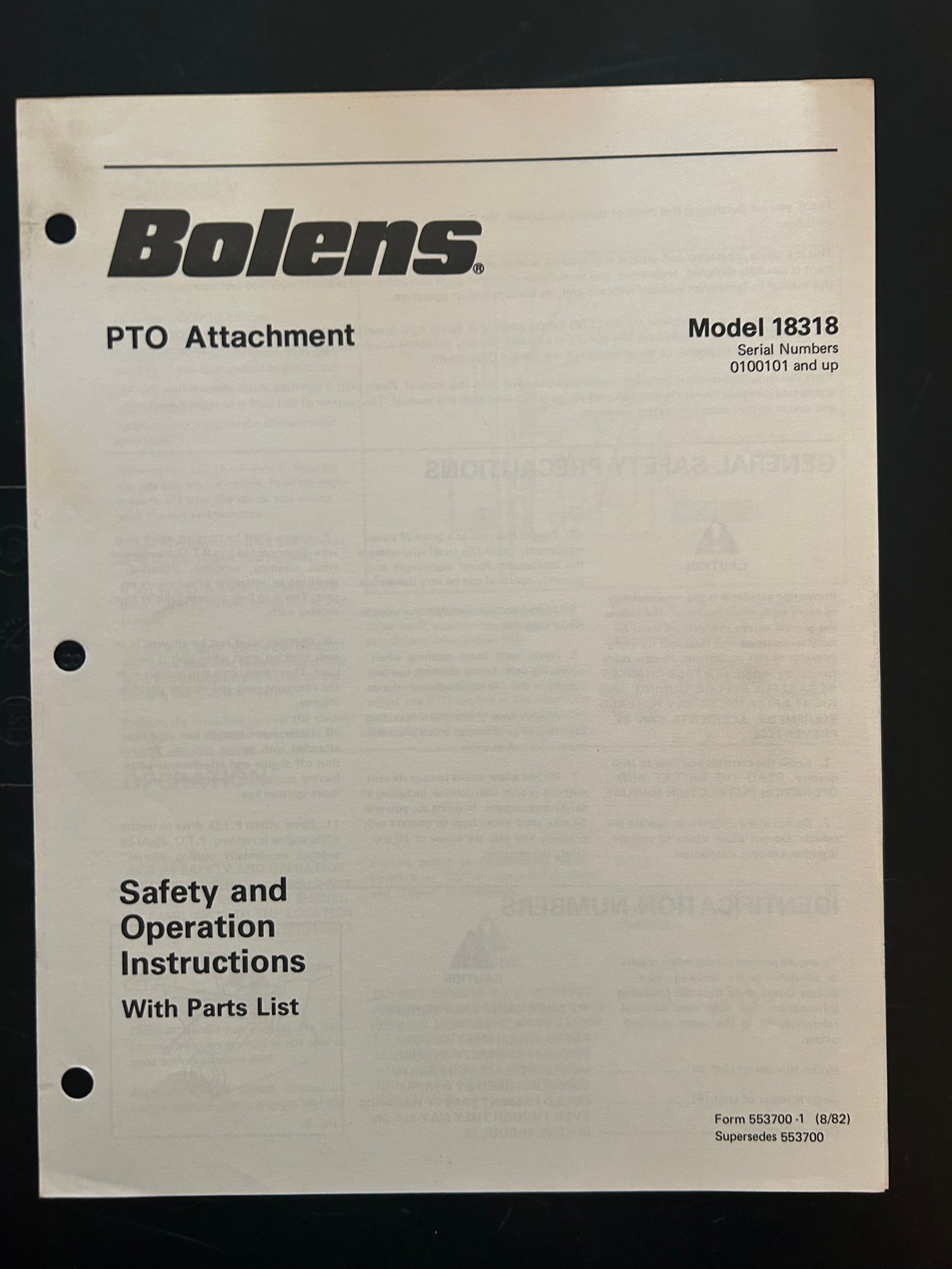 Bolens _ PTO Attachment model 18318 _ Safety & Operation Instructions with Parts List