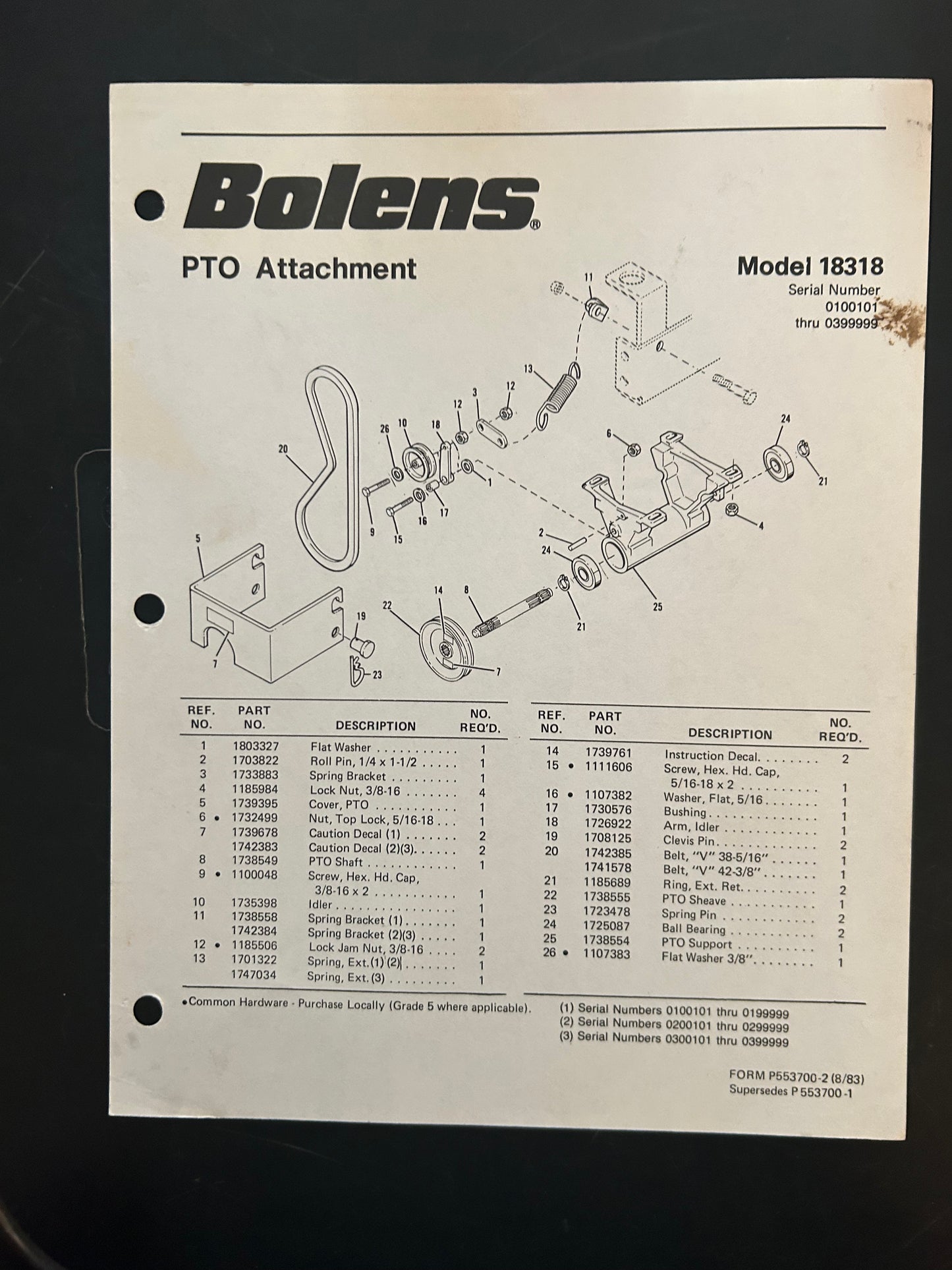 Bolens _ PTO Attachment model 18318 _ Parts List