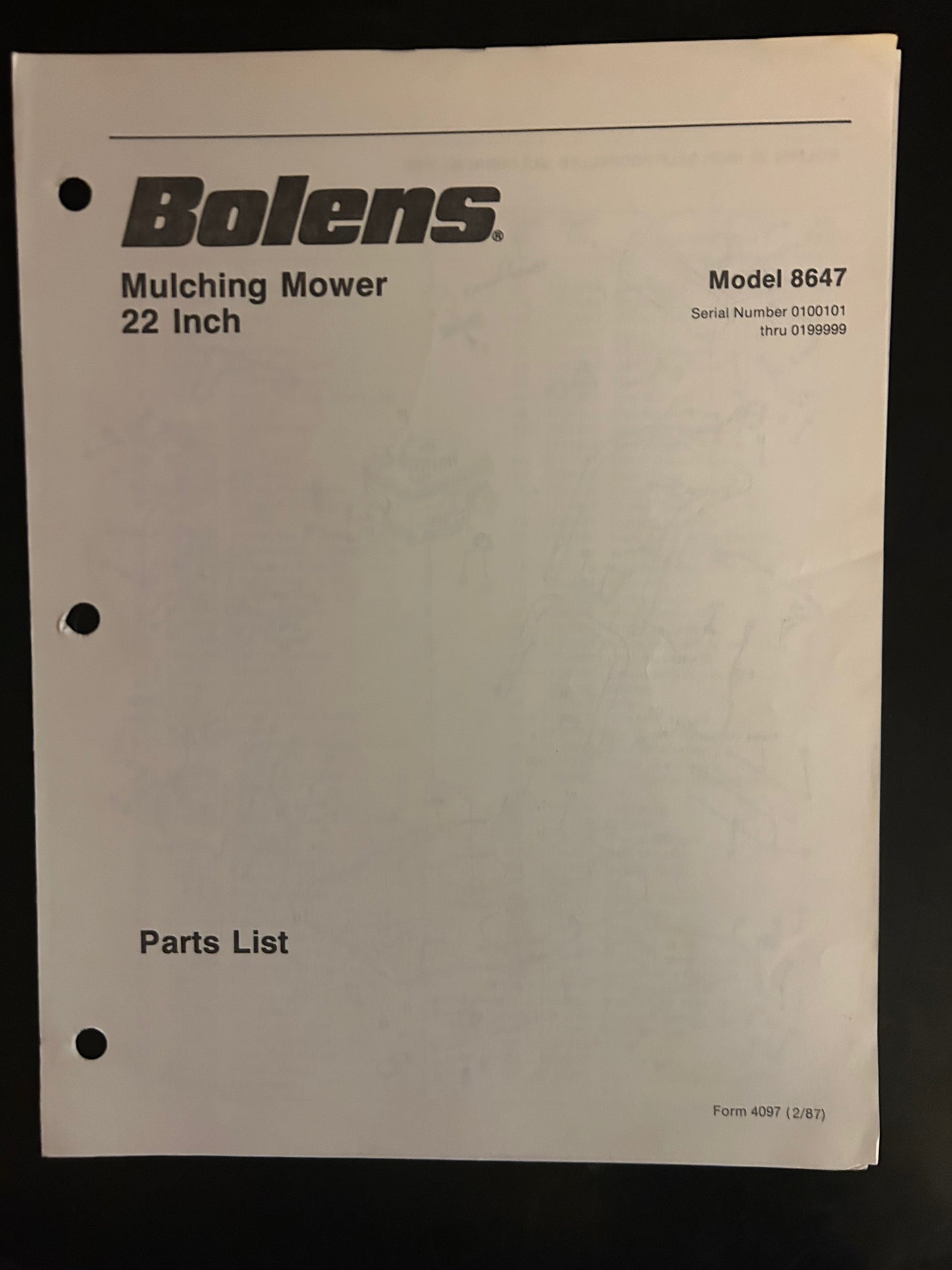 Bolens _ Mulching Mower 22” model 8647 _ Parts List