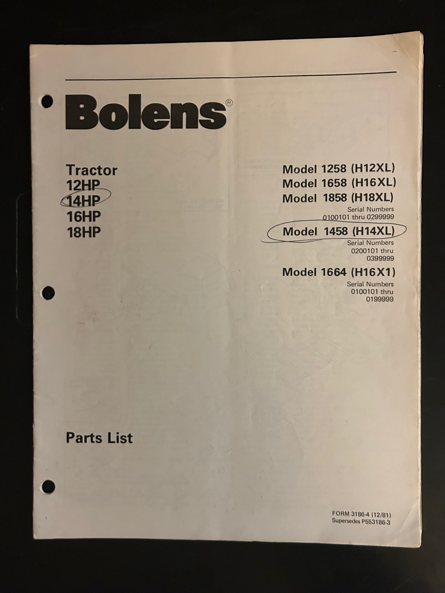 Bolens _ Tractor models 1258, 1658, 1858, 1458 & 1664 _ Parts List