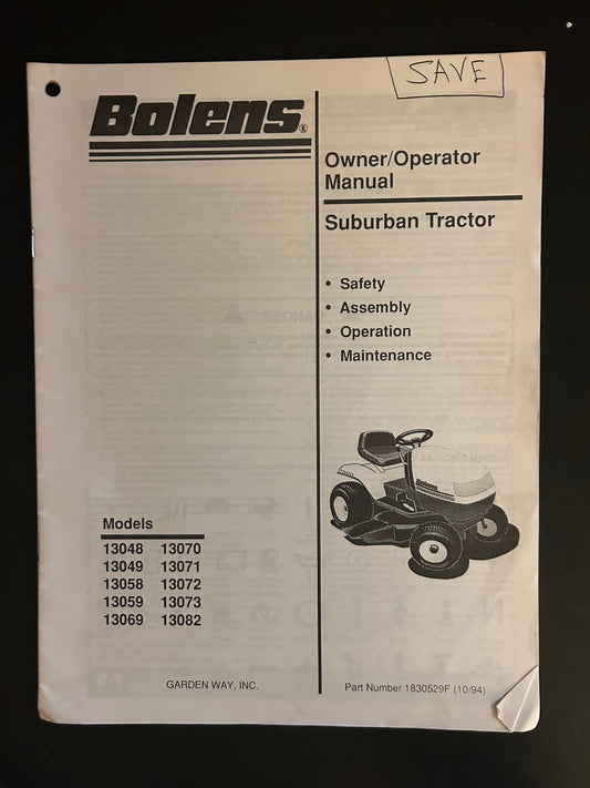 Bolens _ Suburban Tractor models 13048, 13049, 13058, 13059, 13069, 13070, 13071, 13072, 13073 & 13082 _ Owner/Operator Manual