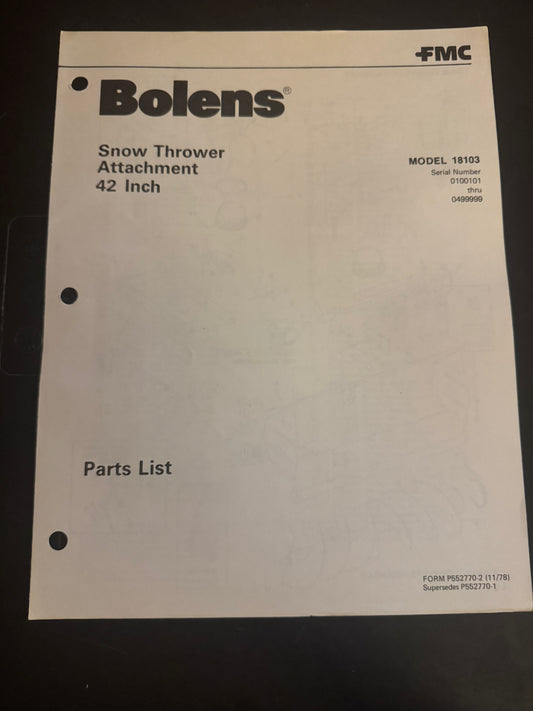 Bolens _ Snow Thrower Attachment 42” model 18103 _ Parts List