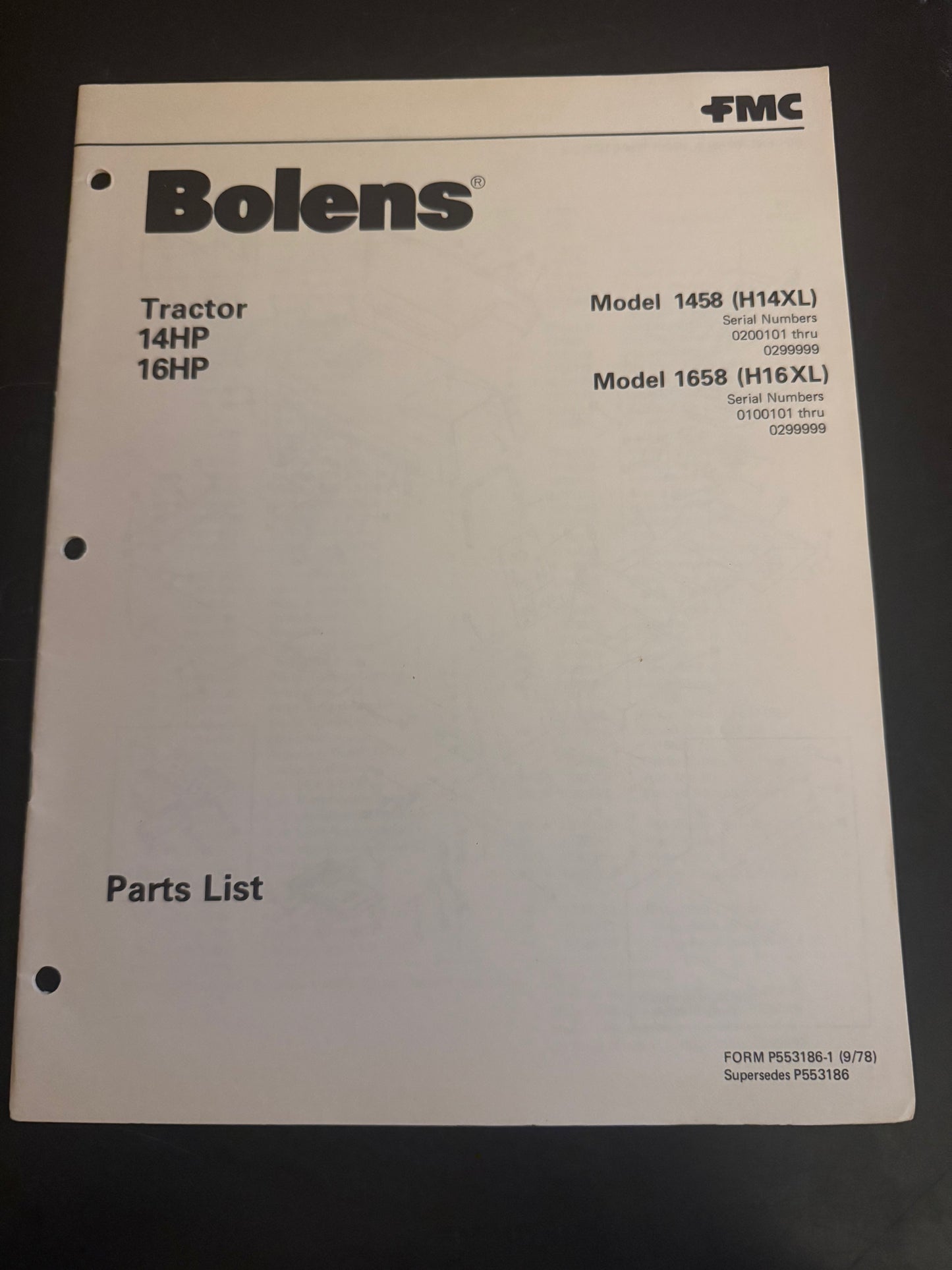 Bolens _ Tractor 14 & 16 HP model 1458 & 1658 _ Parts List
