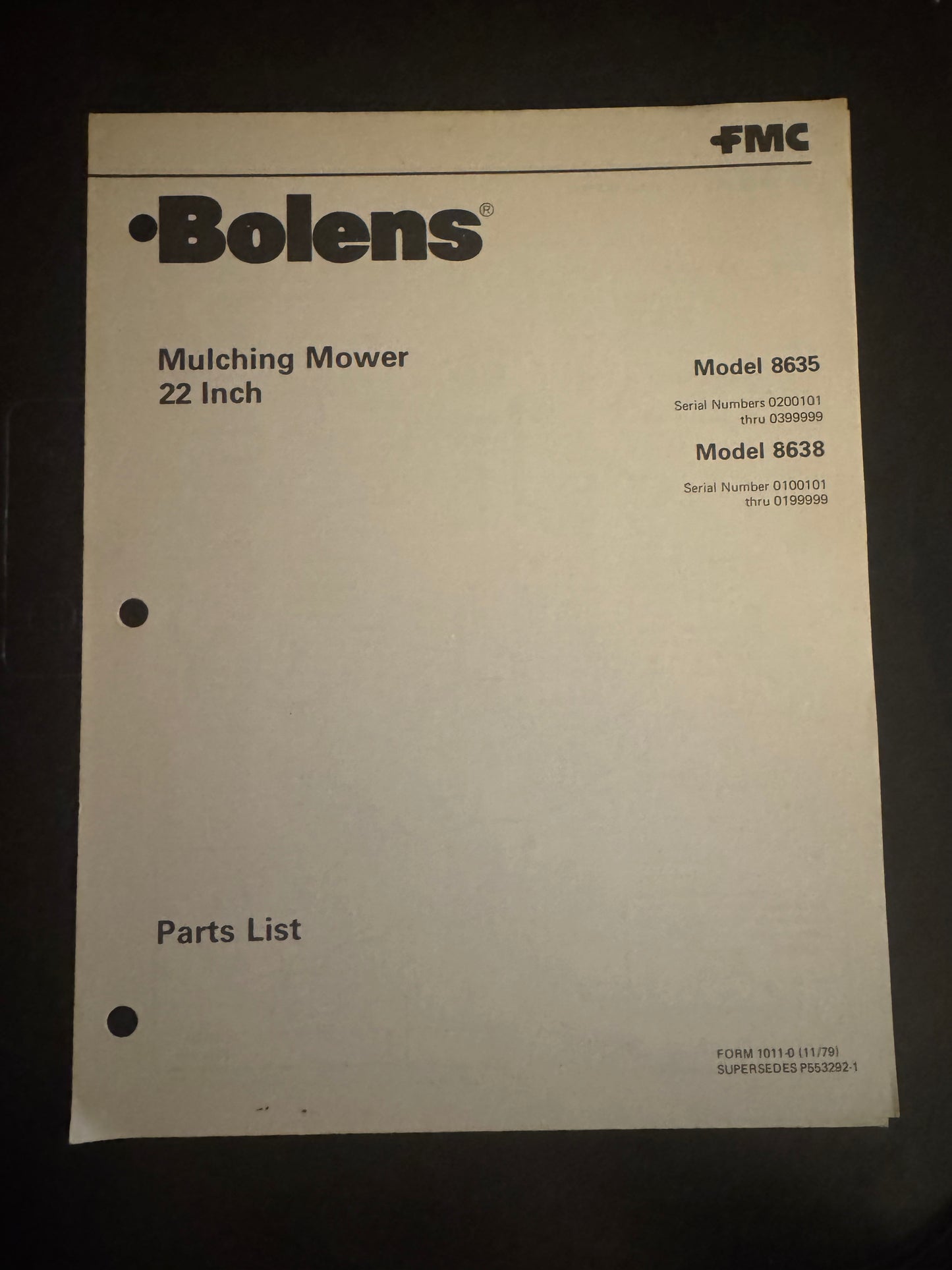 Bolens _ Mulching Mower 22” model 8635 & 8638 _ Parts List