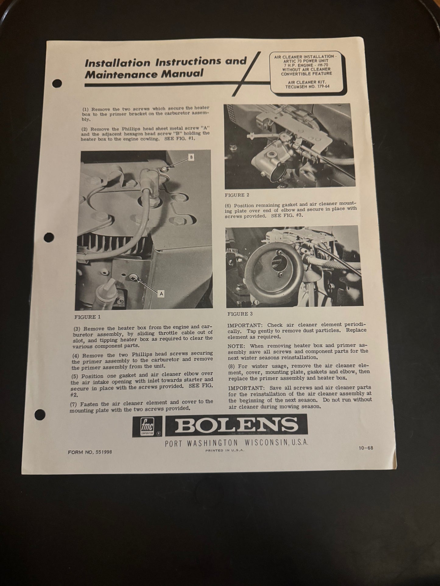 Bolens _ Air Cleaner Installation Artic 70 Power 7 HP Engine #H-70 w/o Convertible Air Cleaner Feature (Tecumseh 179-64) _ Installation Instructions & Maintenance Manual