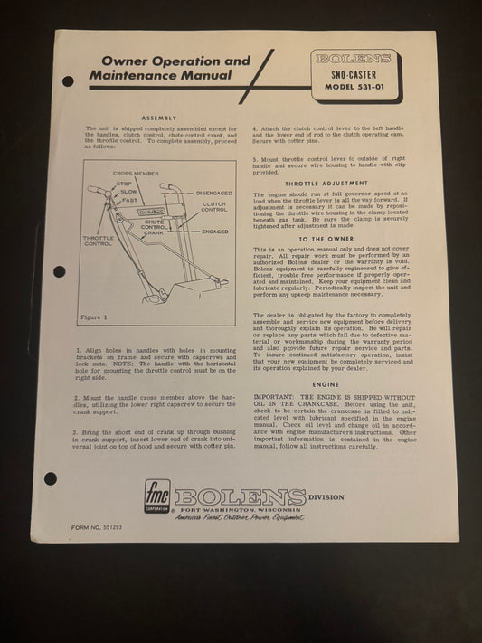 Bolens _ Sno-Caster model 531-01 _ Owner Operation & Maintenance Manual